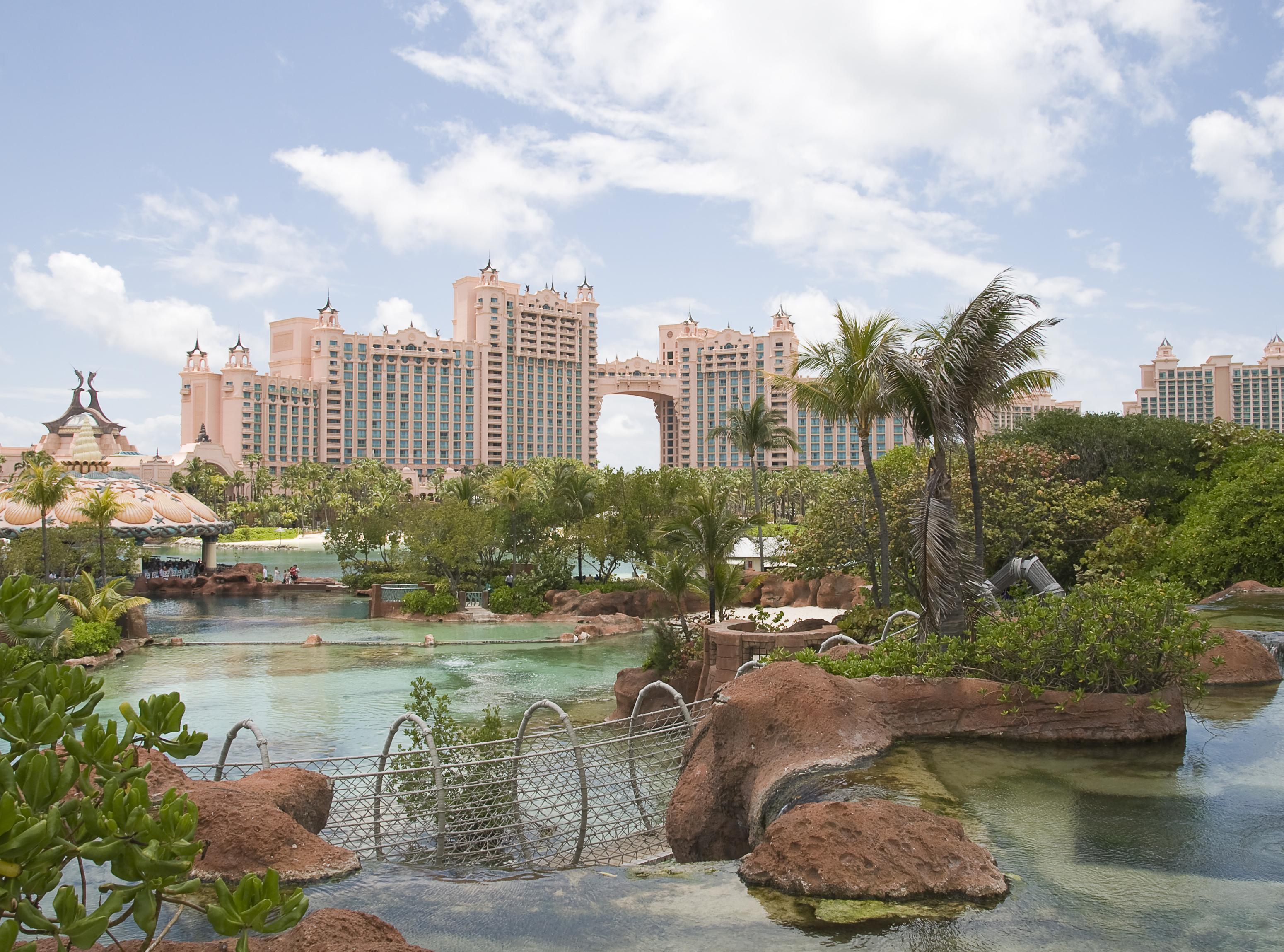 A wide angle shot of the exteriors of the Atlantis resort in the Bahamas.