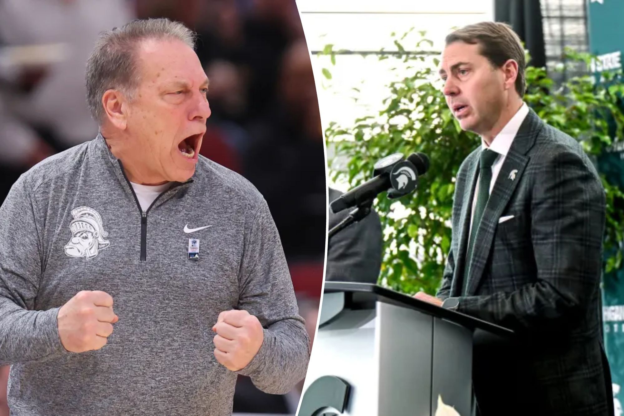 An image collage containing 2 images, Image 1 shows Head coach Tom Izzo of the Michigan State Spartans reacts during a game, Image 2 shows MSU Athletic Director J Batt speaking at a podium with two other men, one on each side