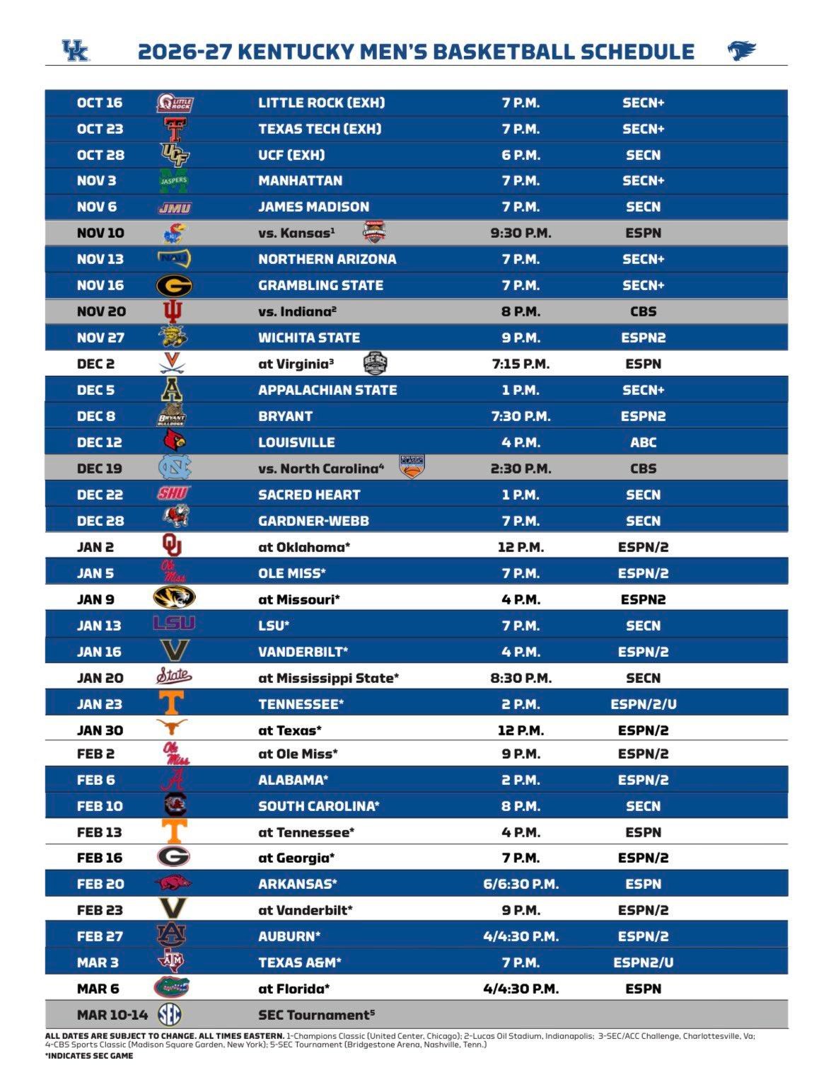 2026-27 Kentucky Basketball schedule released: Times and TV channels confirmed